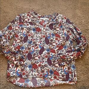LOFT White Multi Floral & Peacock Print Long-Sleeve Blouse